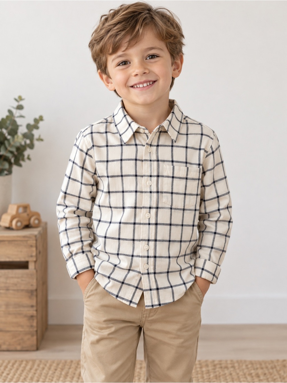 Janie and Jack Cream and Black Checkered Shirt
